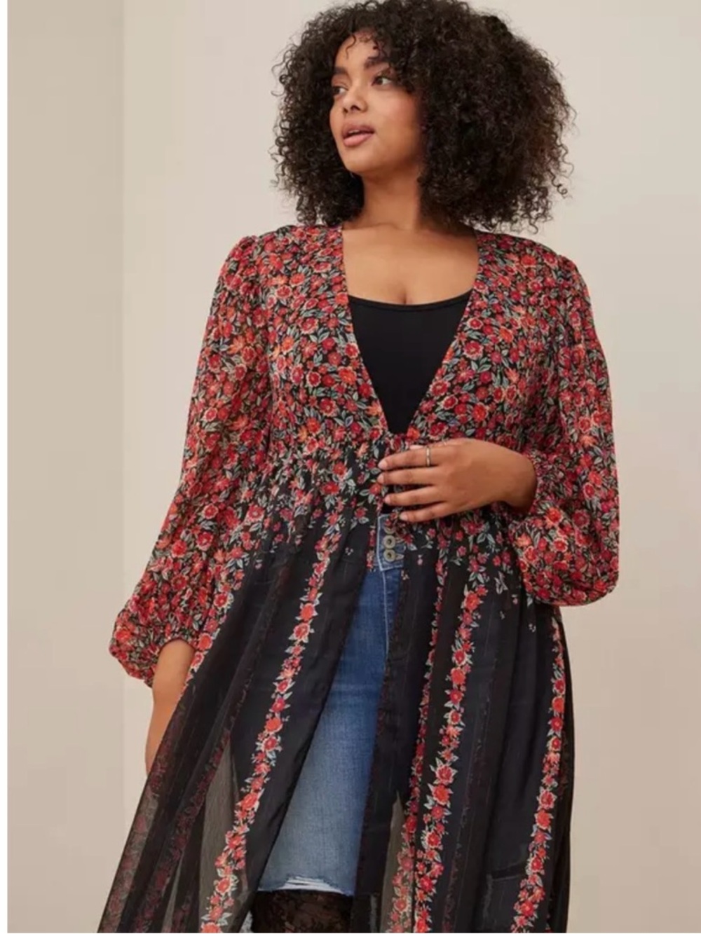 Torrid 3 floral duster - Lurex Chiffon Tie-Front Maxi Kimono cover up 3xl 3x